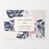 Boho Navy Pink Monstera Floral 2 QR Code Weddensch Drieluik Uitnodiging (Cover)