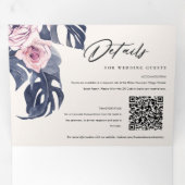 Boho Navy Pink Monstera Floral 2 QR Code Weddensch Drieluik Uitnodiging (Binnenzijde eerst)