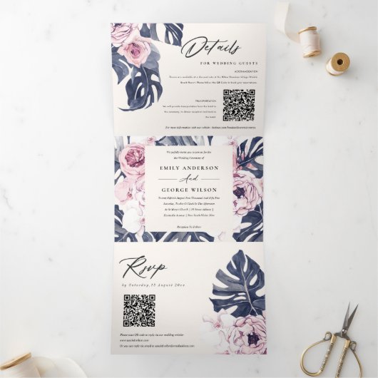 Boho Navy Pink Monstera Floral 2 QR Code Weddensch Drieluik Uitnodiging (Binnen)
