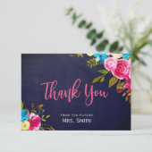 Boho Navy Roze Bloem Bruiloft Uitnodiging Bedankbr (Staand voorkant)