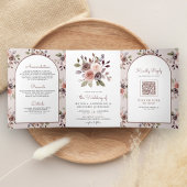 Boho Neutral Aardse Taupe Bloemen QR Code Bruiloft Drieluik Uitnodiging