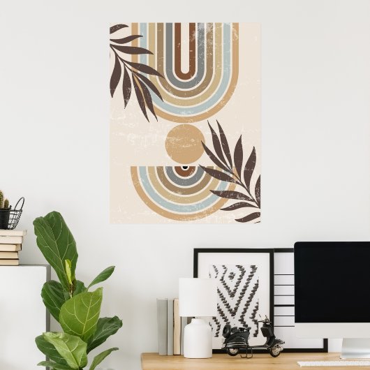 Boho Neutral Abstracte regenbogen en bladeren muur Poster (Thuiskantoor)