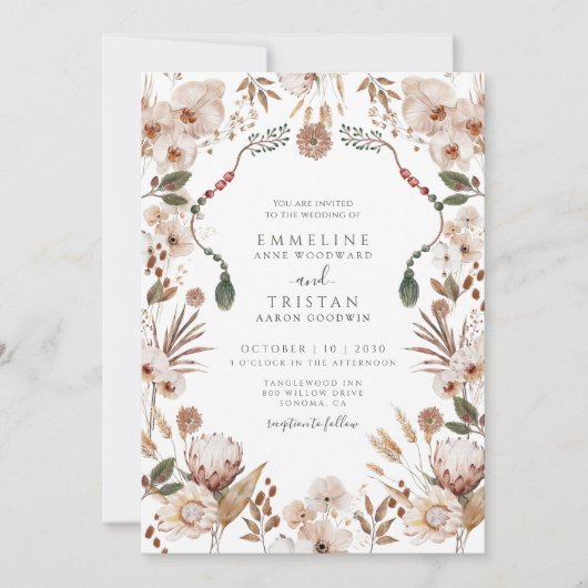 Boho Neutral Botanical Wedding Kaart (Voorkant)