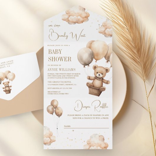 Boho Neutral Brown Teddy Bear Balloons Baby shower All In One Uitnodiging