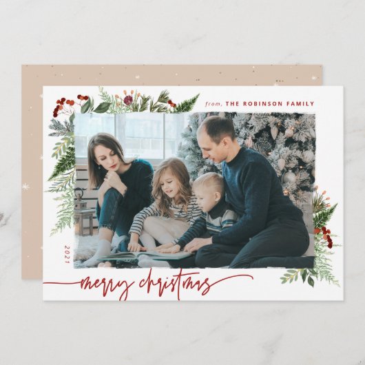 Boho Neutral Burgundy Red Merry-kerstfoto Feestdagenkaart (Voorkant / Achterkant)