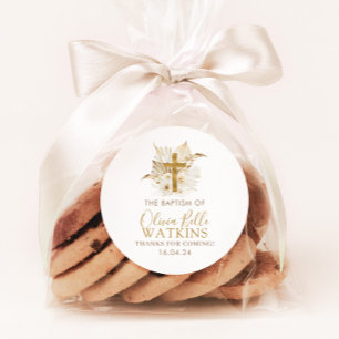 Boho Neutral Dried Palm Floral Baptism Christening Ronde Sticker