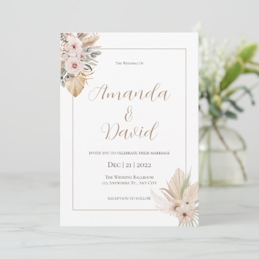 Boho Neutral Floral Faire-part de mariage (Debout devant)