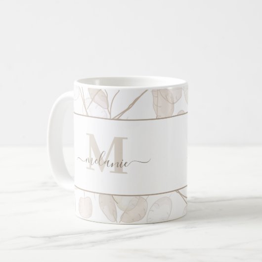 Boho Neutral Lunaria Custom Monogram en Naam Mok (Voorkant links)