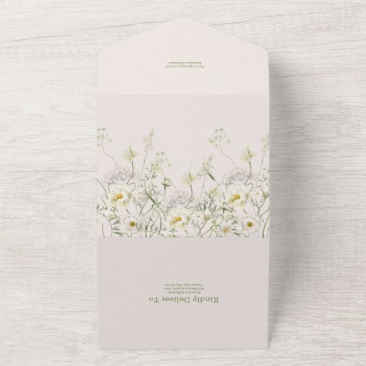 Boho Neutral White Waterverf Wildflower Wedding All In One Uitnodiging (Buitenkant)