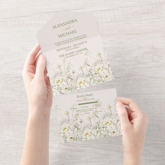 Boho Neutral White Waterverf Wildflower Wedding All In One Uitnodiging (Afscheurbaar)