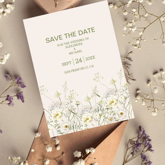 Boho Neutral White Waterverf Wildflower Wedding Save The Date