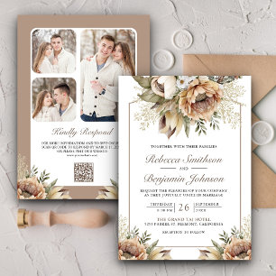 Boho Neutrale Aardse Bloem Taupe QR Code Trouwen Kaart