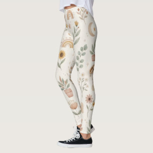 Boho Neutrale Regenboog Leggings Aardse Botanische