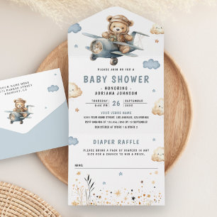 Boho Neutrale Teddybeer Blauwe Vliegtuig Baby Show All In One Uitnodiging