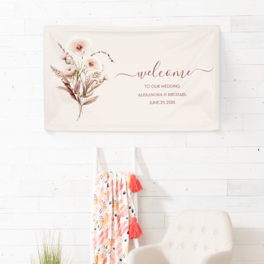 Boho Neutrale Waterverf Wildflower Wedding Banner (Insitu)
