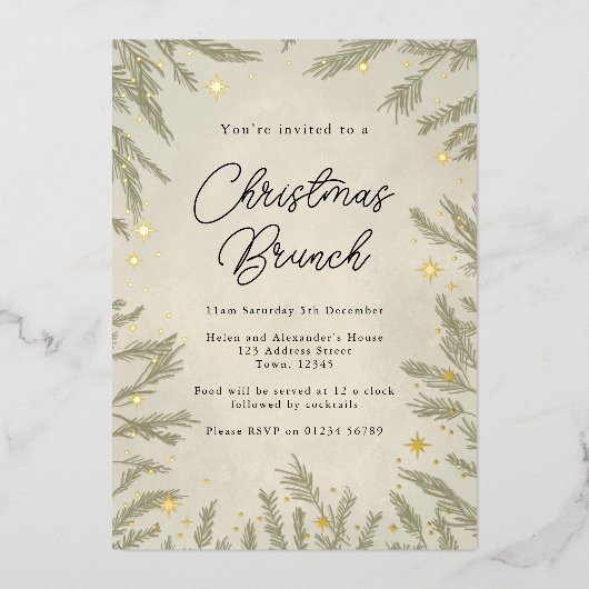 Boho neutre Noël Brunch Foil Invitation (Recto)