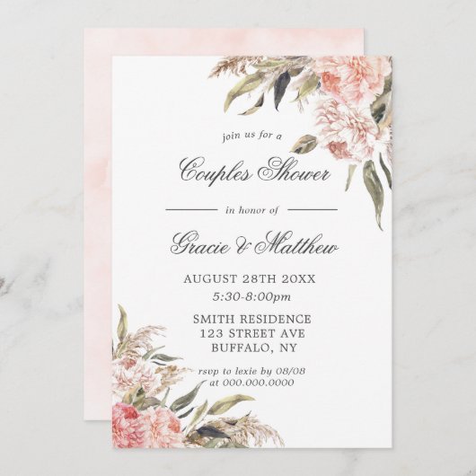 Boho Neutre Pink Peony Couples Invitations De Douc (Devant / Derrière)
