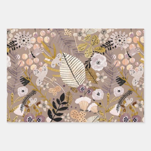 Boho Noir Blanc Or Pêche Feuille Florale Dessinée (Devant 3)