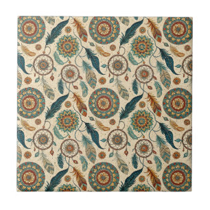 Boho Nomadische Droomvanger & Veren Mandala Kunst Tegeltje
