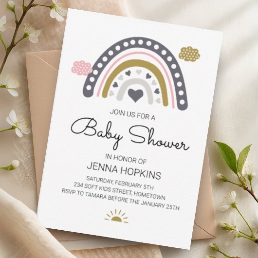 Boho Nordic Rainbow Baby shower Gris Invitation