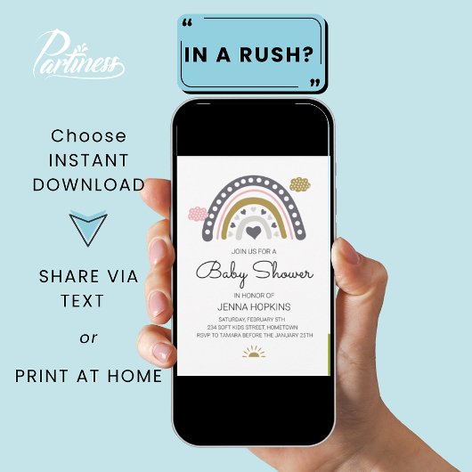 Boho Nordic Rainbow Baby shower Gris Invitation