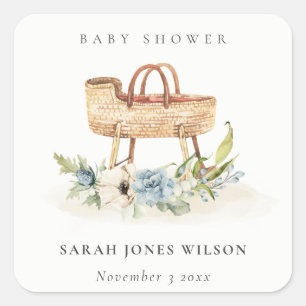 Boho Nursery Blue Floral Bassinet Baby shower Vierkante Sticker