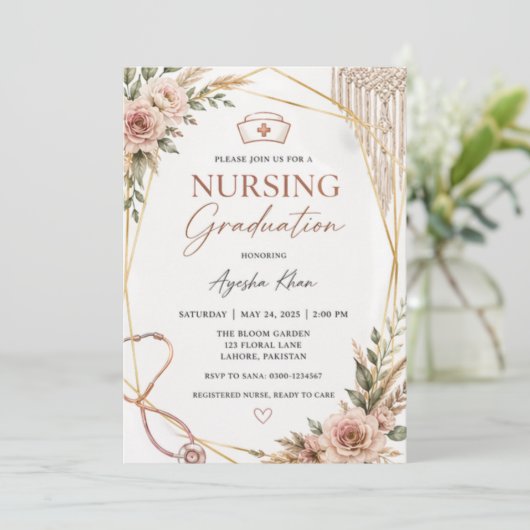 Boho Nursing Graduation Invitation with Stethoscop (Debout devant)