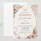 Boho Nursing Graduation Invitation with Stethoscop (Devant / Derrière)