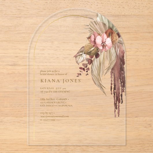 Boho Oasis Trouw Bloem Bruids Bruiloft ID959 Acryl Uitnodigingen (Voorkant)