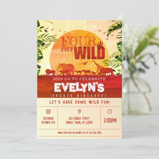 Boho Oerwoud Safari Animals Four Ever Wild Birthda Kaart (Staand voorkant)