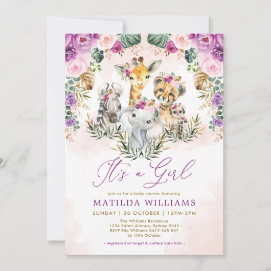 Boho Oerwoud Safari Wilde Dieren Meisje Baby showe Kaart (Voorkant)