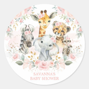 Boho Oerwoud Wilde dieren Roze Floral Baby Girl Ronde Sticker