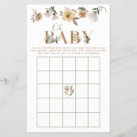 Boho Oh Baby Floral Baby shower Bingo Game Flyer (Voorkant)