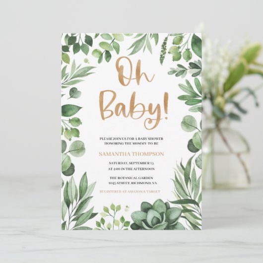 Boho Oh Baby shower Invitation, Invitation Succule (Debout devant)