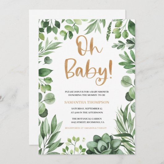 Boho Oh Baby shower Invitation, Invitation Succule (Devant / Derrière)