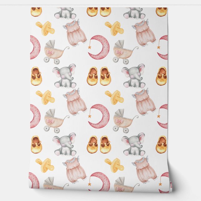 Boho olifant maan buggy roze meisje kinderkamer behang (Afrollen)
