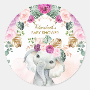 Boho Olifant Tropische Blush Paarse Bloemen Meisje Ronde Sticker