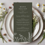 Boho Olive Green Fleur sauvage menu plat Mariage<br><div class="desc">Élevez votre réception de mariage avec notre Boho Olive Green Fleur sauvage menu plat Mariage. Conçu avec le couple bohème moderne à l'esprit, ce menu époustouflant présente un délicat motif fleur sauvage dressé contre un arrière - plan serein vert olive. Parfait pour ajouter une touche d'élégance rustique à vos tables,...</div>