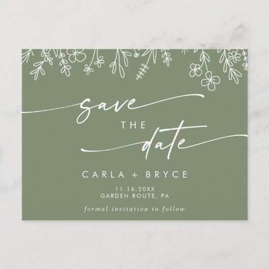 Boho Olive Green Wildflower Wedding Save the Date Uitnodiging Briefkaart (Voorkant)