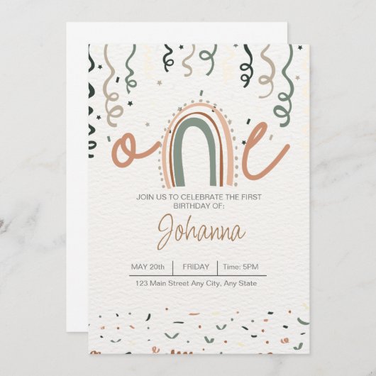 Boho ONE derful Birthday Invitation (Devant / Derrière)