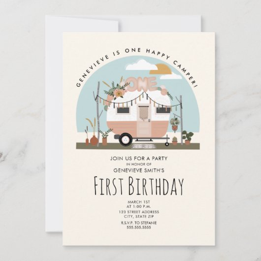 Boho One Happy Camper First Birthday Party Kaart (Voorkant)