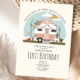 Boho One Happy Camper First Birthday Party Kaart