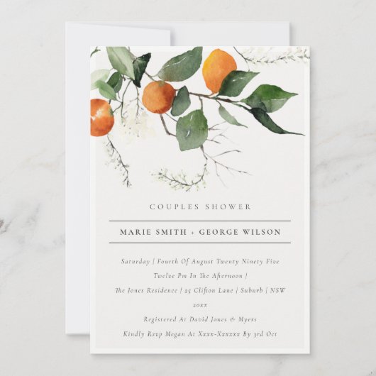 Boho Orange Blossom Foliage Couples Invitation dou (Devant)
