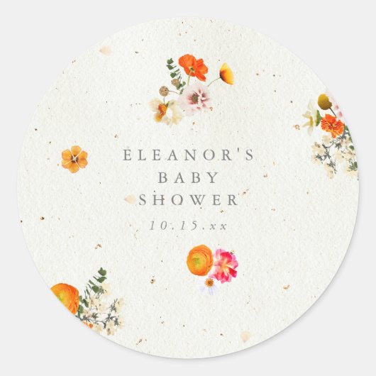 Boho Orange Cottagecore Floral Baby Shower Name Ronde Sticker (Voorkant)