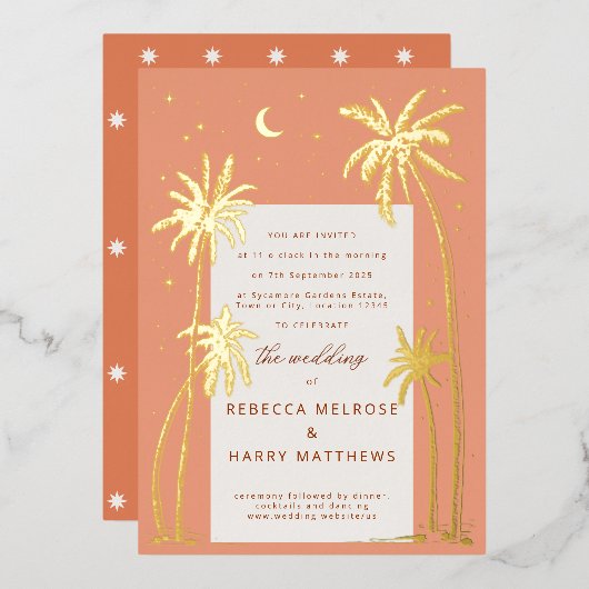Boho orange Palm Springs mariage Foil Invitation (Recto/Verso)