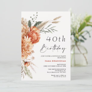 Boho Oranje Beige Bloemen 40e Verjaardag Kaart