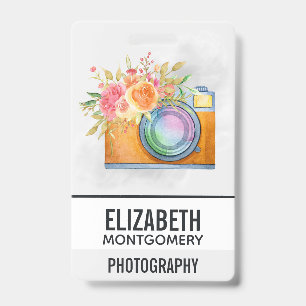 Boho Oranje Camera & Floral Bouquet Waterverf Badge