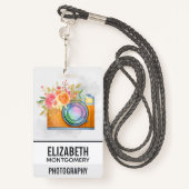 Boho Oranje Camera & Floral Bouquet Waterverf Badge (Achterkant met draagriem)