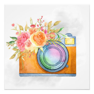 Boho Oranje Camera & Floral Bouquet Waterverf Foto Afdruk