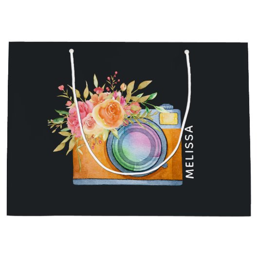 Boho Oranje Camera & Floral Bouquet Waterverf Groot Cadeauzakje (Voorkant)